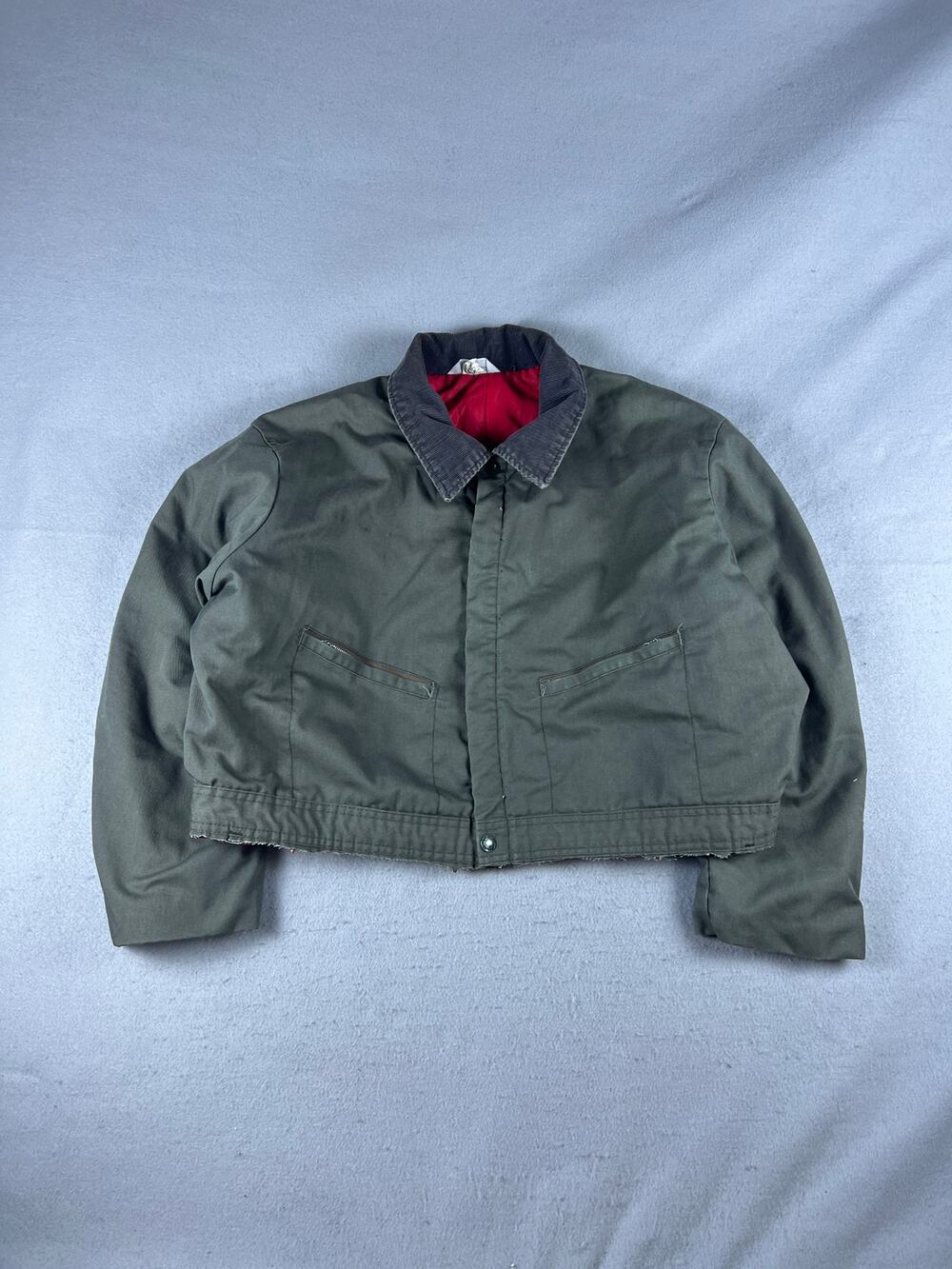 Vintage Work Jacket Mens XL Olive Green Full Zip Corduroy Collar Classic Work